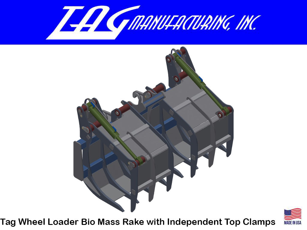 TAG Bio Mass Rake with Independent Top Clamps for Wheel Loaders